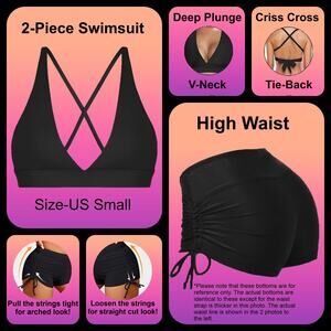 Ladies Black 2 Piece Cross Back Halter Top Boyshorts Swimsuit Size Small